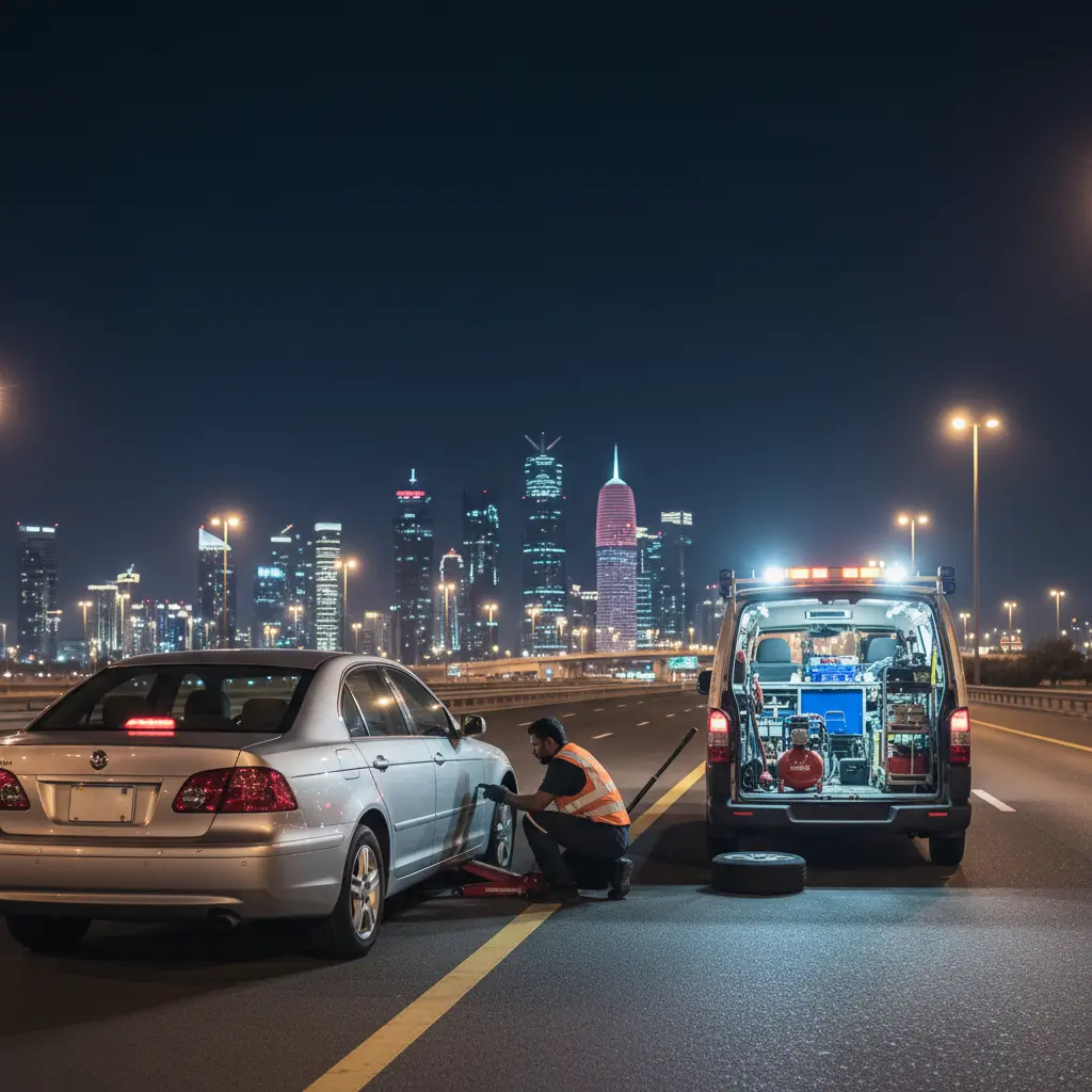 Mobile tyre repair technician working roadside at night with Doha skyline in background
