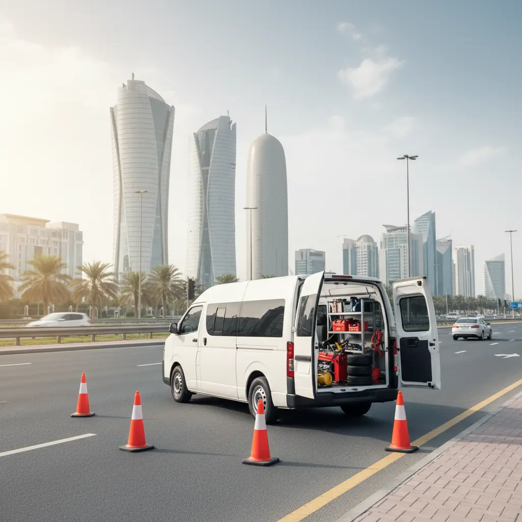 Mobile tyre repair van parked safely roadside with Doha backdrop