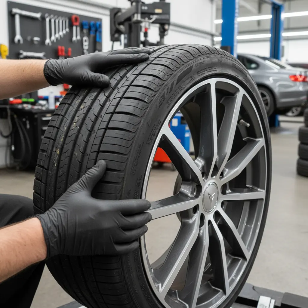 Technician inspecting a run‑flat high‑performance tyre and alloy wheel