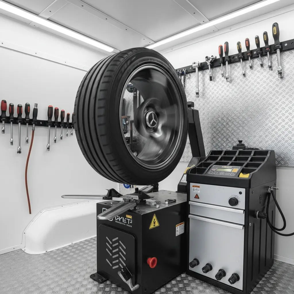 Wheel on a balancing machine inside a mobile workshop van